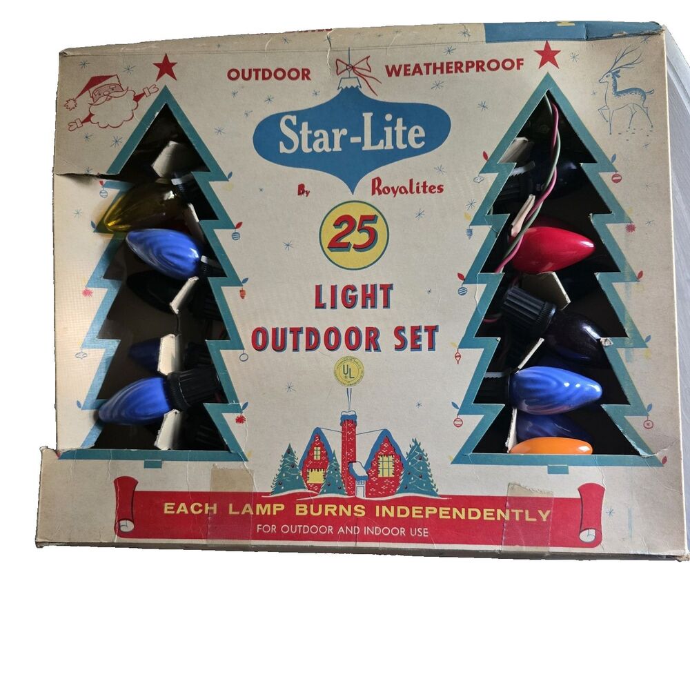 Vintage Royalites Star-Lite 25 Light Christmas Lights Original Box Outdoor